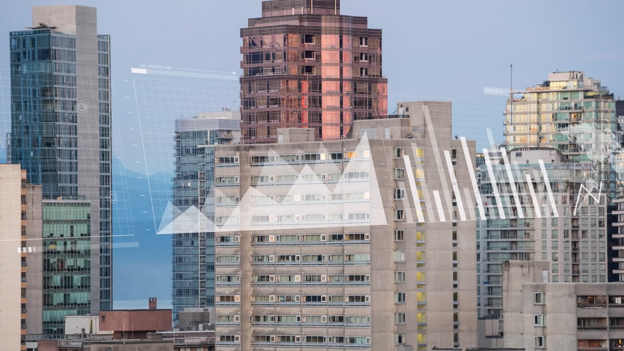 은 하늘을 배경으로 현대적인 건물의 공중 전망을 통해 여러 그래프와 지도의 애니메이션