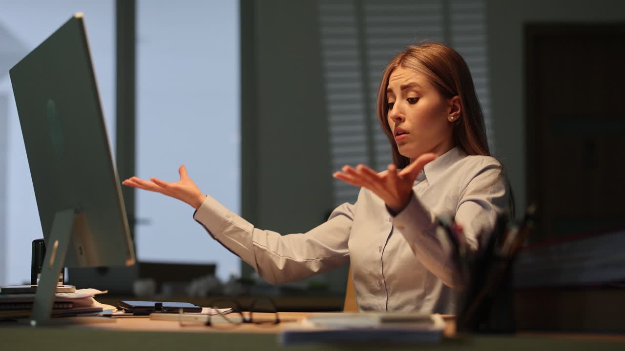 Worried woman working late at the office