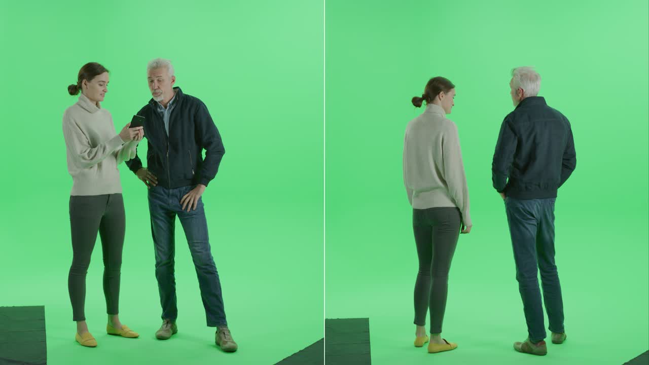 2 인 1 녹색 화면 콜라지: 매력적인 중년 남성과 대화하는 아름다운 젊은 소녀, 서서, 대화, 스마트폰, 소셜 네트워크 사용. 다중 각도 최고의 가치 패키지: 전면, 후면 뷰