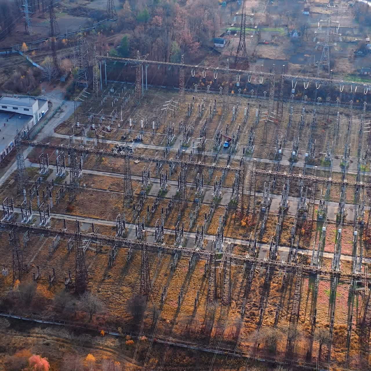 Drone view of electricity supplies. High voltage power mini electricity station