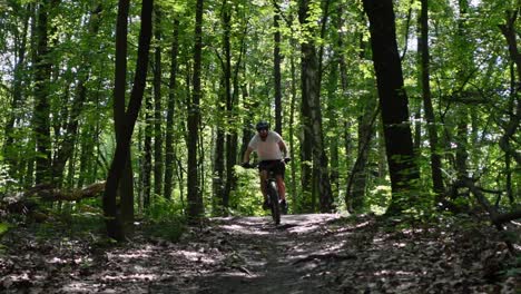 Una-Toma-Estática-En-Cámara-Lenta-De-Un-Hombre-Adulto-Saltando-En-Una-Bicicleta-Eléctrica-Por-Senderos-En-El-Bosque-En-Un-Día-Soleado