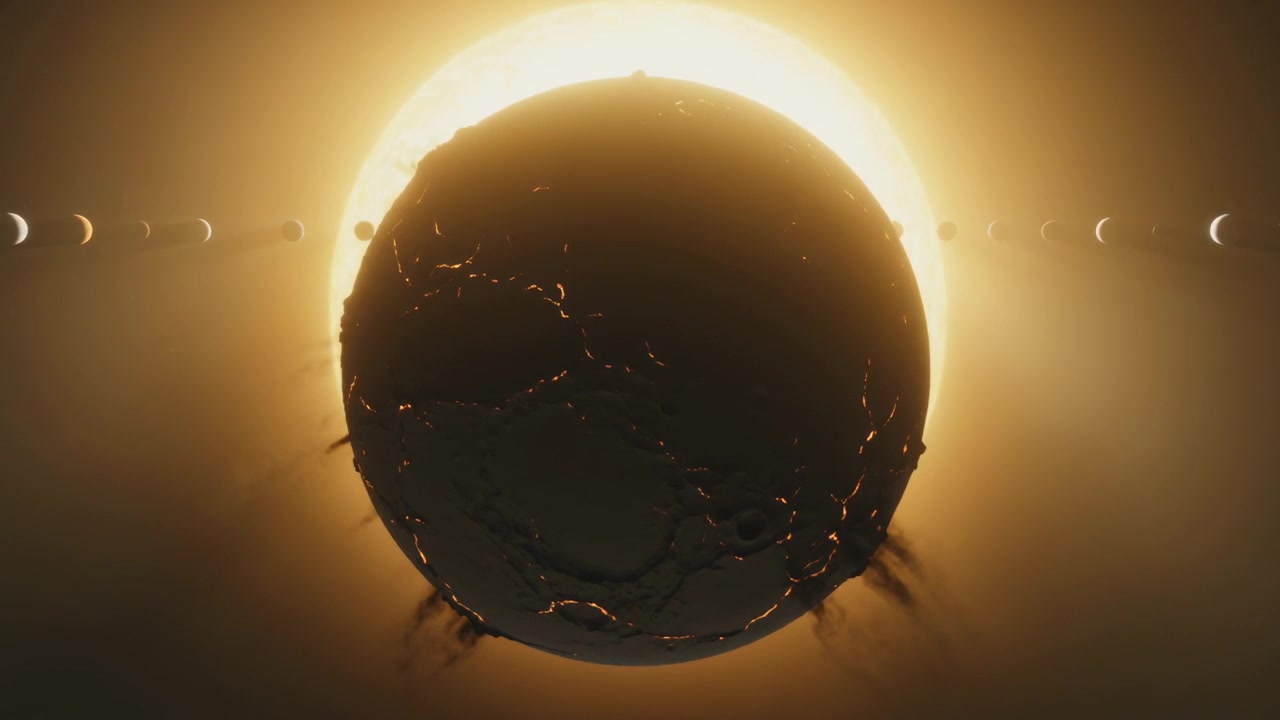 Transiting dark planet crossing star halo in space, orbital motion causing fissures and moons