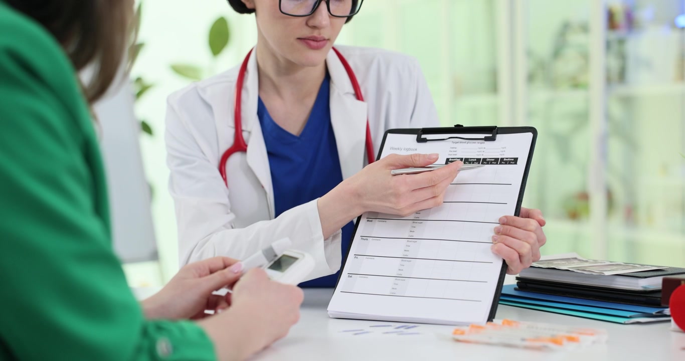 Female doctor explains medical form during clinic consultation
