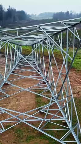 high voltage power line pole frame ready for construction, aerial vertical view