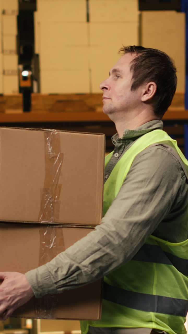 Vertical Video Male Personnel Sorting Cardboard Packages In Logistics Warehouse