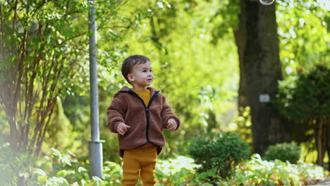 lovely caucasian toddler boy catching the soap bubbles. cute baby having fun outdoors in autumn.