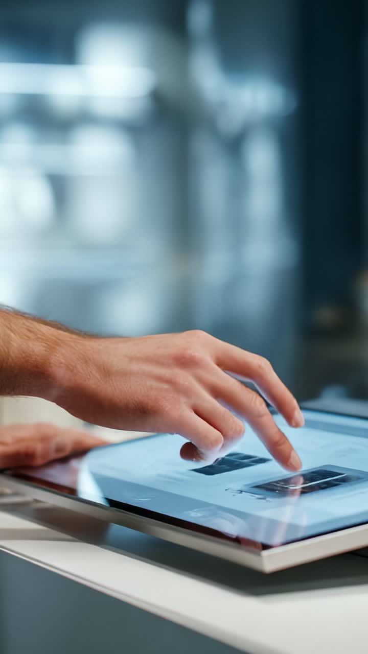 A person interacts with a touchscreen device, navigating through an interface showcasing detailed information, highlighting the blend of technology and user engagement