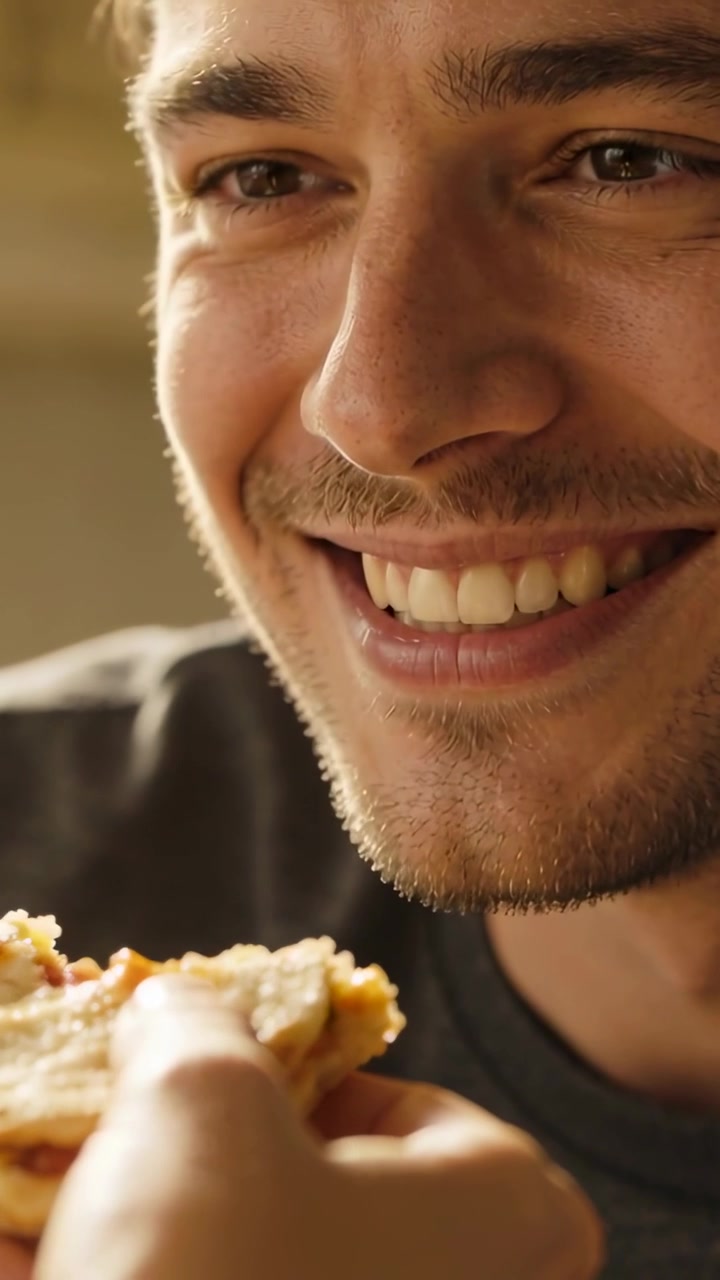 Vertical video: Smiling man in dark shirt preparing to bite while hand offering sandwich in kitchen