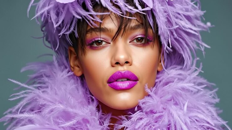 Una donna che indossa un cappello di piume viola e un rossetto viola