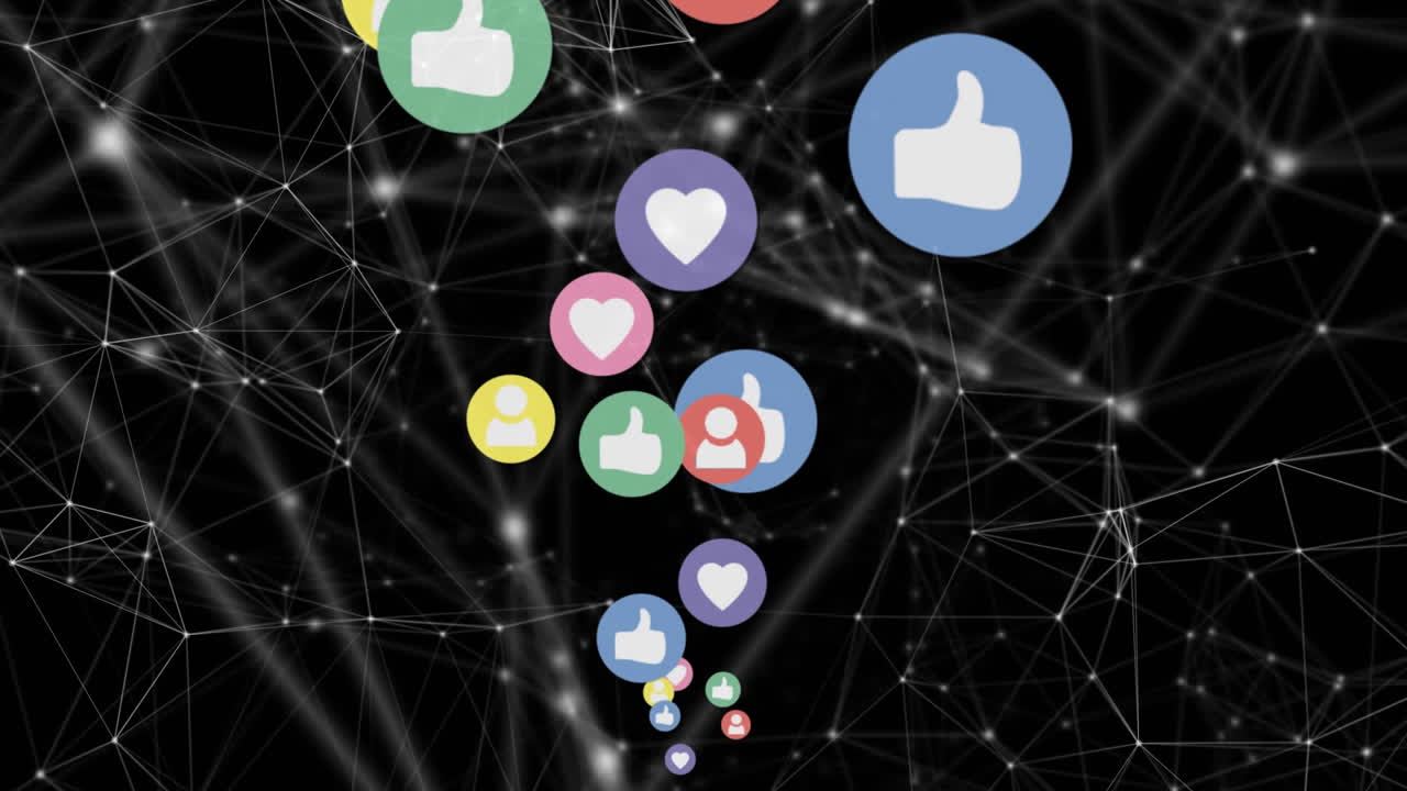 Linee collegate con punti e icone social in movimento