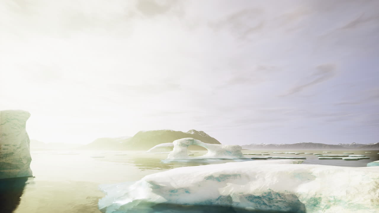 Icebergs float serenely in a tranquil arctic landscape during soft daylight