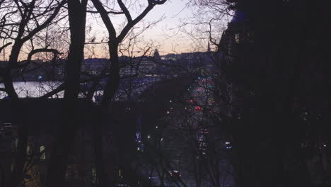 Birds-eye-view-over-Strandvägen,-Stockholm-on-a-fall-evening,-skyline