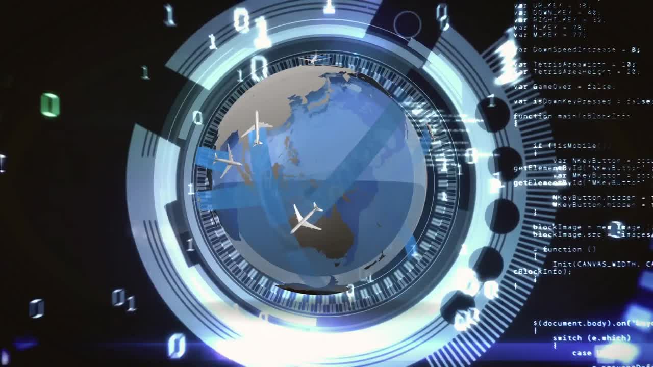 globo con aviones y códigos binarios