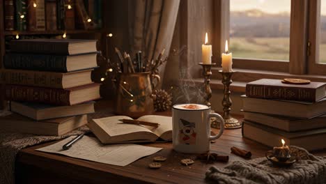 Cozy Evening Study with Books and a Warm Drink
