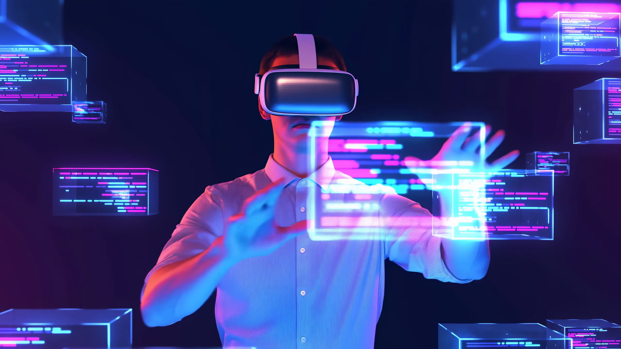 White Person Wearing VR Headset Manipulates Neon Holographic Coding Cubes In Dark Studio, Developer Gestures
