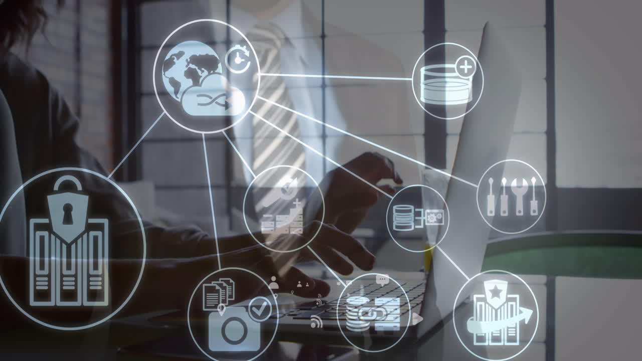 composición de la red de conexiones con iconos sobre el hombre caucásico que usa auriculares vr.