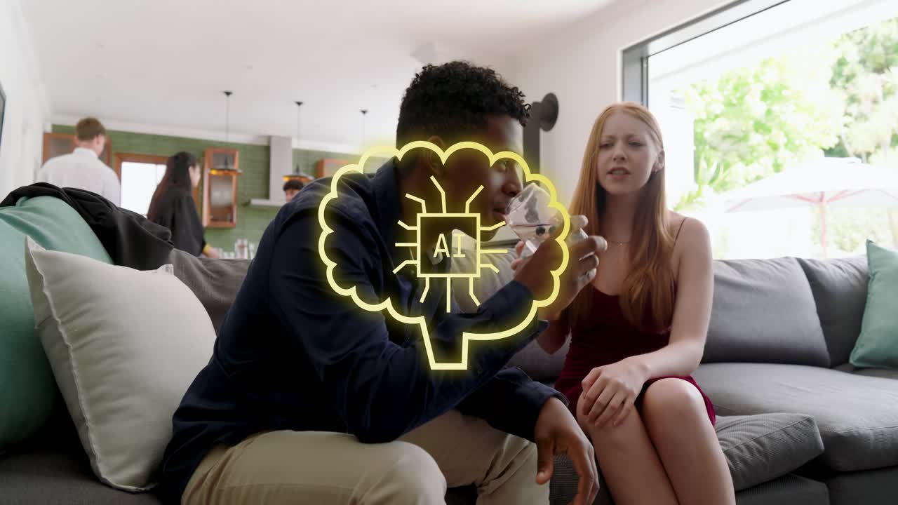 Blond man with bottle, handing to seated man, woman sharing, tech overlays over them showing bottle