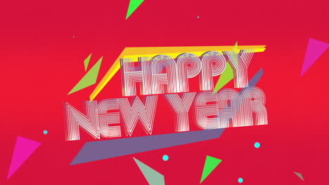 retro happy new year text on red gradient with geometric shapes