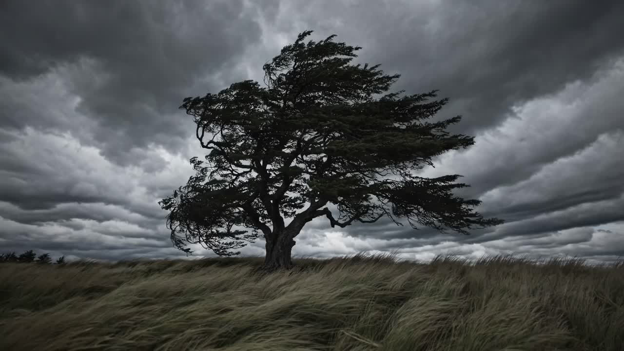 Dramatic landscape video scene with a lone tree against stormy skies