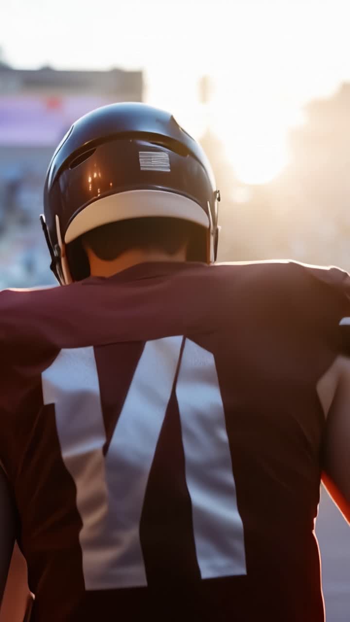 Un giocatore di football americano determinato si prepara per la partita, mostrando lavoro di squadra e atletismo mentre scende in campo, con il casco indossato e pronto all'azione.