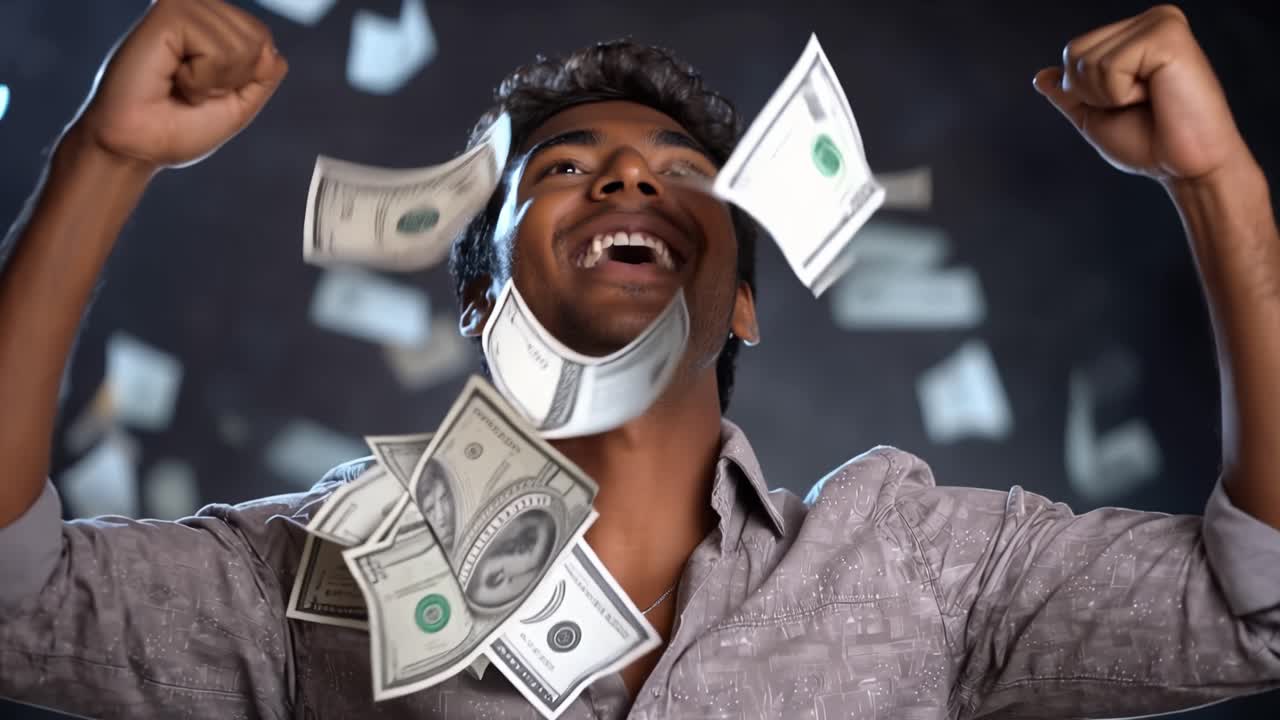 Jovem alegre celebra o sucesso com os punhos erguidos. Dinheiro cai ao redor dele enquanto ele irradia entusiasmo. Sua expressão triunfante irradia felicidade e conquista. Ideal para negócios, finanças