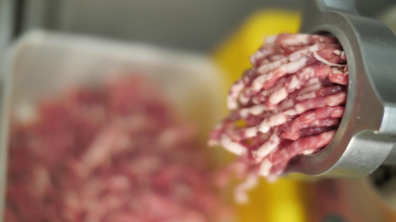 Food processing, grinding machine producing minced meat, close up