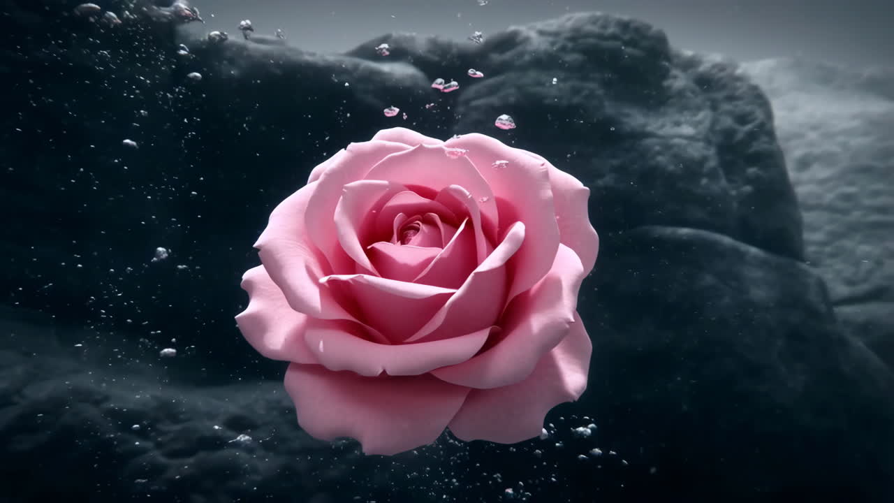Pink Rose Underwater with Bubbles