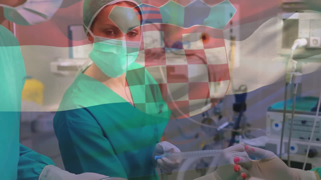 Animation of flag of croatia over caucasian surgeons during surgery