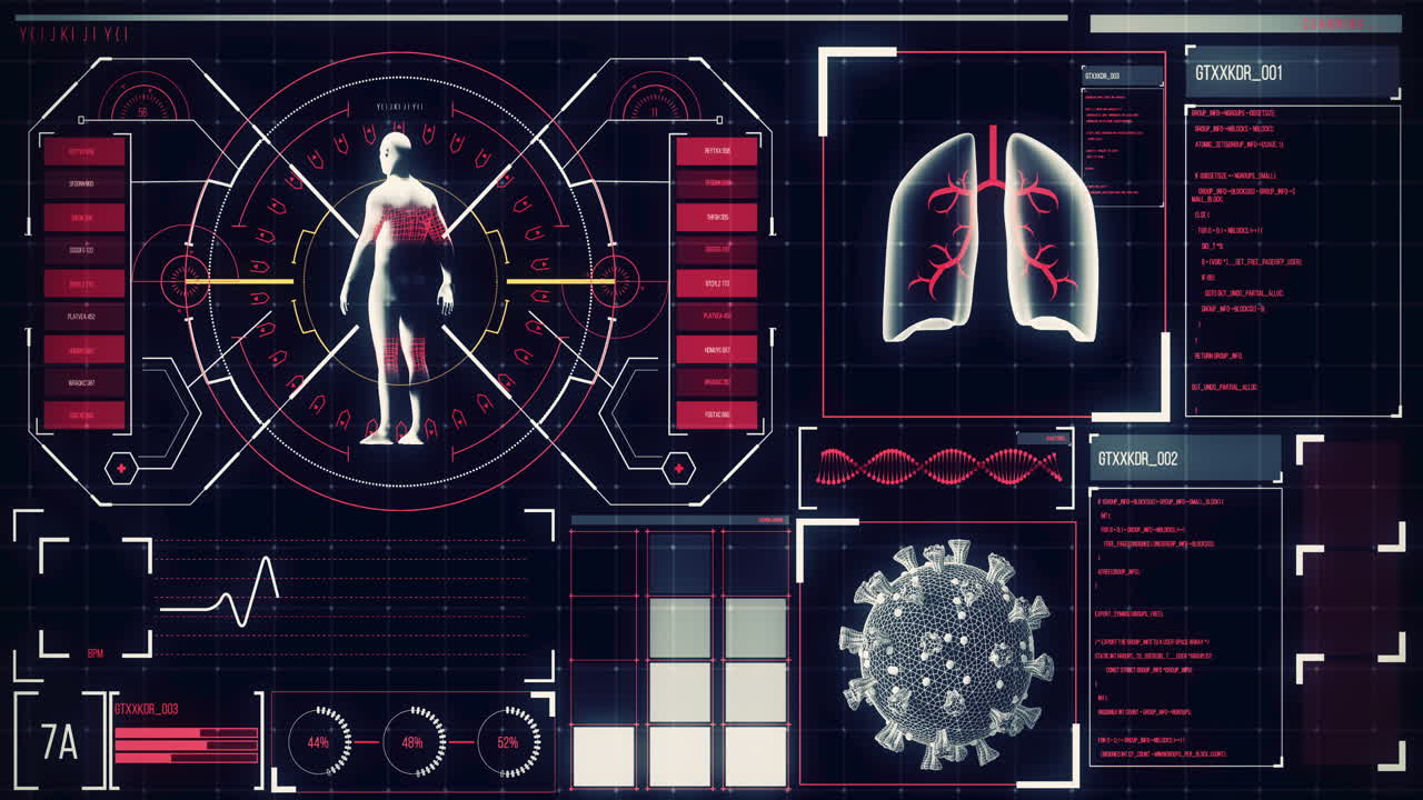 Animation of the human body analyzed on a screen, lungs and heart beat analyzed, medical information