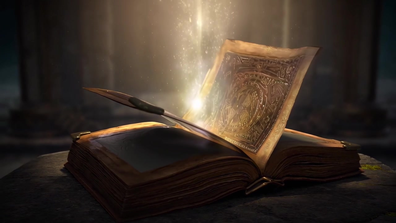 Libro antico mistico con pagine luminose e scrittura con penna magica