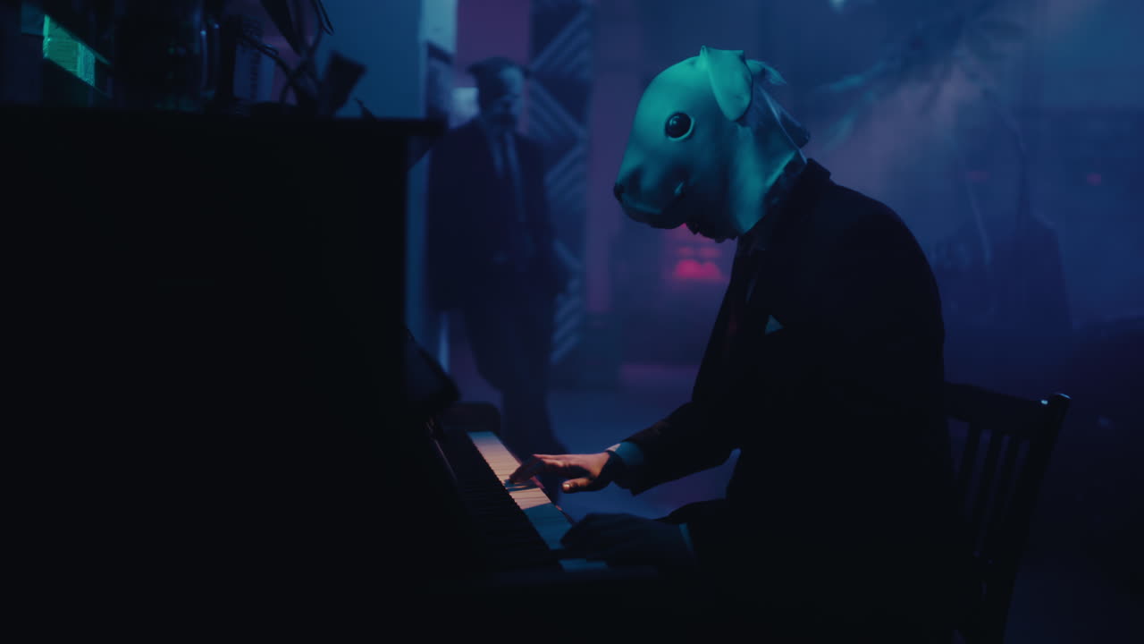 A Man in a Dog Mask Plays the Piano in a Nightclub