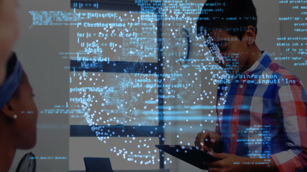 Animation of data processing over diverse schoolchildren in classroom