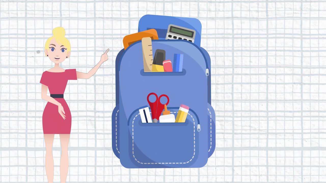 학교 가방 아이콘 위 에서 이야기 하는 여자 의 애니메이션