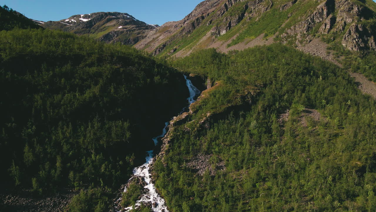 corriente de turelva en el valle cubierto de densos árboles en finnmark, noruega, europa