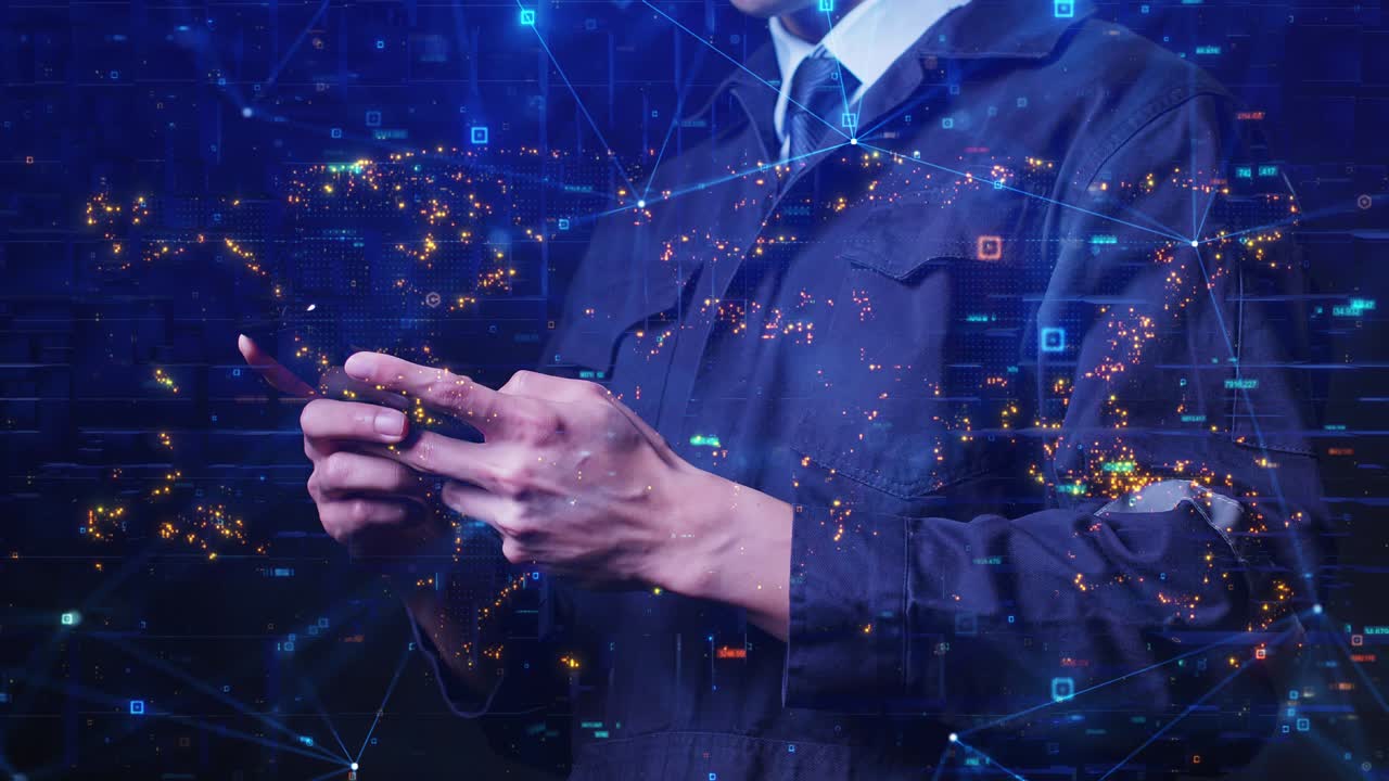 Engineer programmer using mobile phone futuristic abstract global data background, security network system and digital technology concept