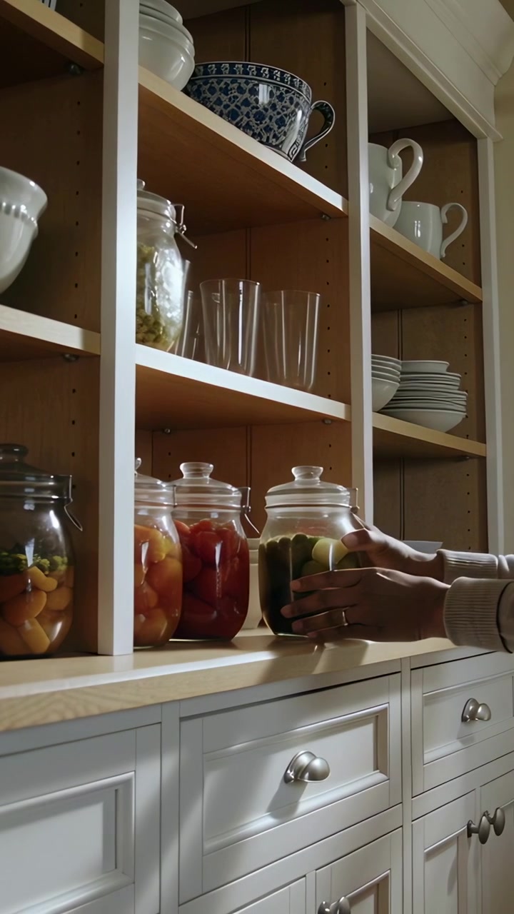 Vertical video: Reaching hand, hands lifting jar placing one on hutch, sorting jars