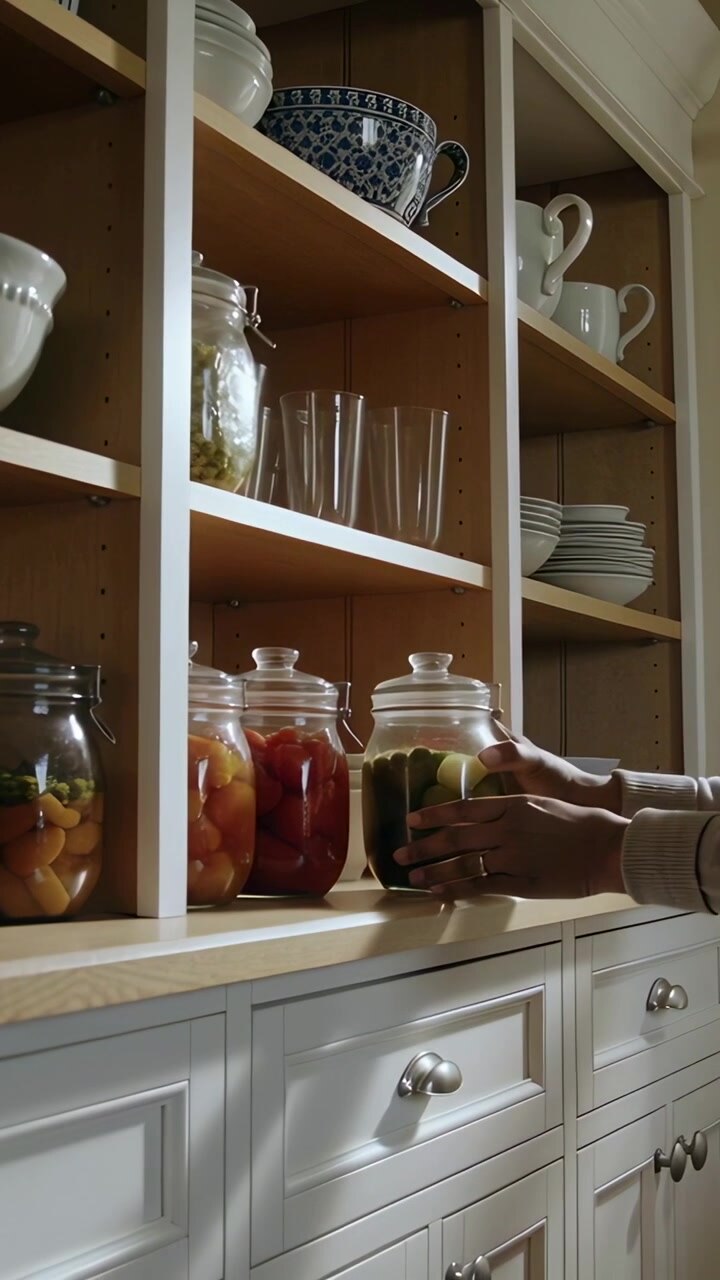 Vertical video: Reaching hand, hands lifting jar placing one on hutch, sorting jars