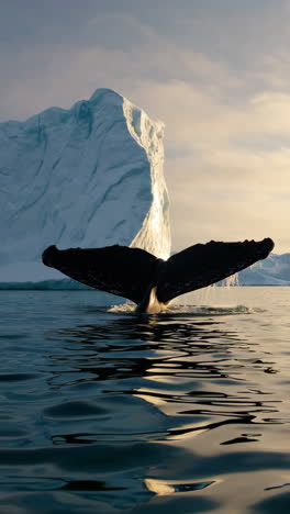 humpback whale breaching and diving in icy waters with majestic iceberg at sunset