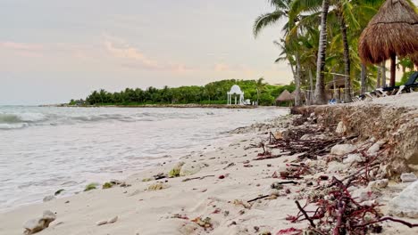 Panning-left-shot-of-a-beautiful-beach-in-Tulum-near-Cancun-Mexico-with-small-waves,-palm-trees,-blue-sky-and-some-clouds