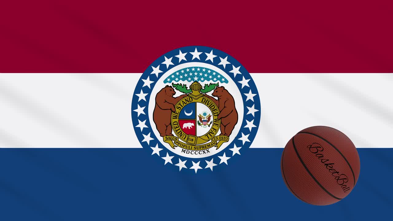 bandera de missouri agitando y la pelota de baloncesto gira, bucle