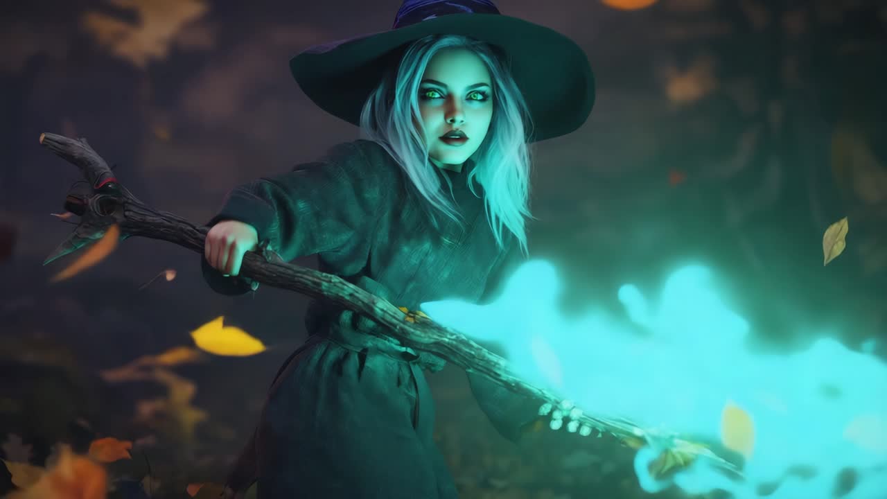 A Witch Casting a Spell in the Autumn Forest
