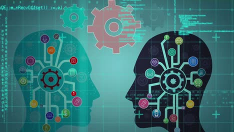 animación de cabezas humanas con iconos digitales, engranajes y procesamiento de datos
