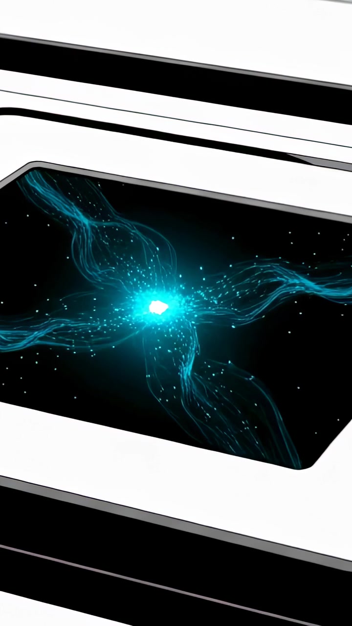 Vertical video: Brightening teal core pulsing inside black inset on white frame, sending sparks