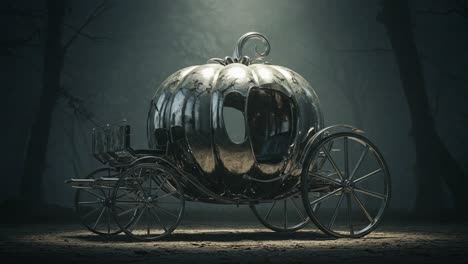 an enchanted journey awaits: a fantastical pumpkin carriage glimmers in the twilight, revealing magical adventures in an otherworldly forest realm