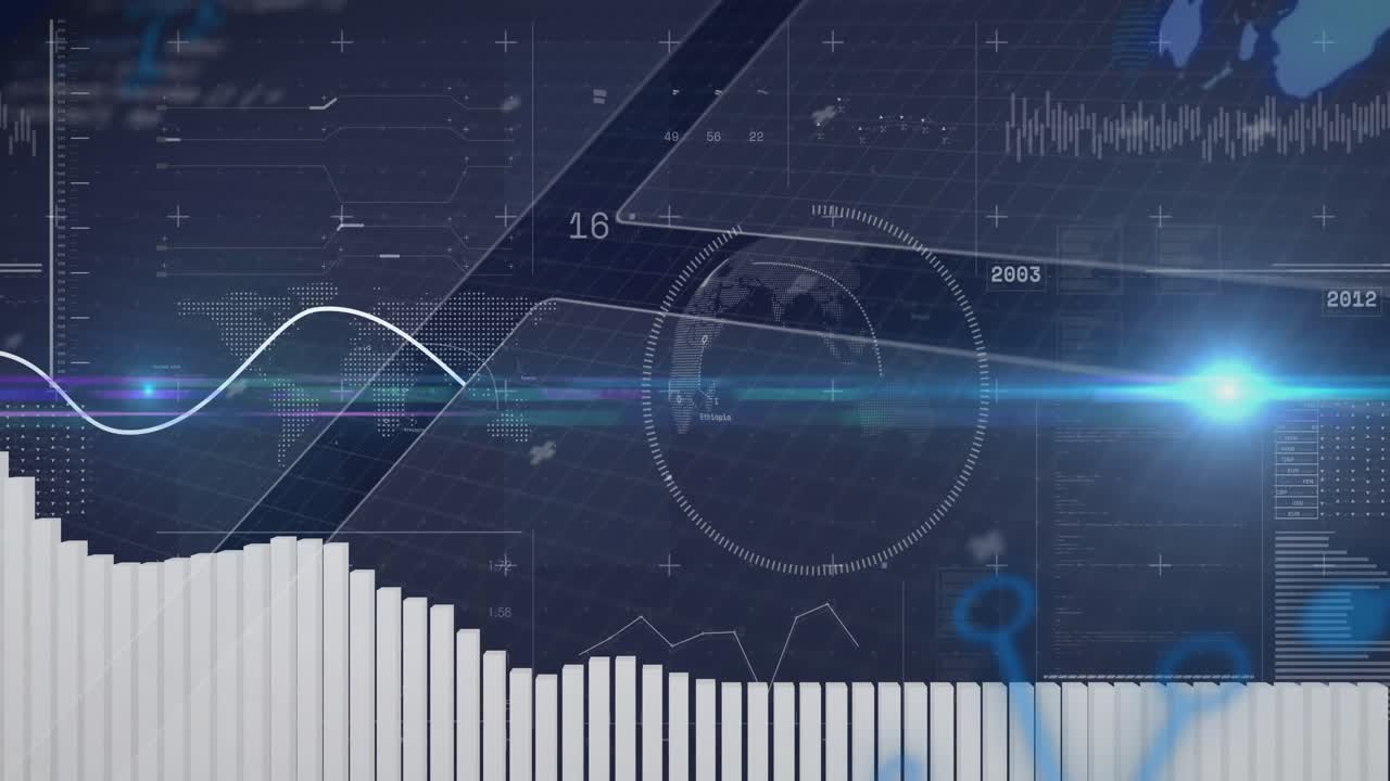 On play start white bars rising and line sweeping right while gauges rotating, visualizing trends