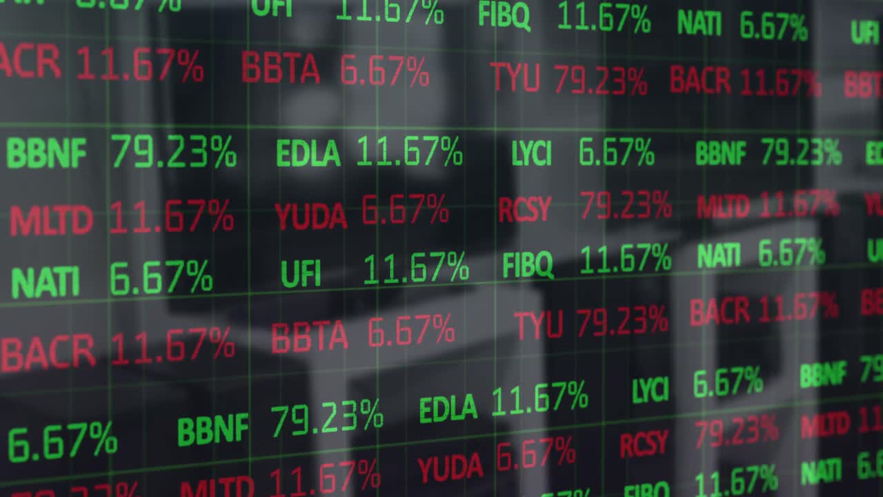 Animazione di elaborazione di dati finanziari all'interno di locali vuoti