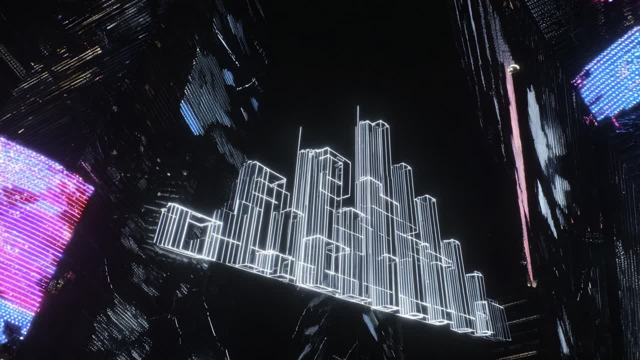 Glowing digital city hologram rotating in a dark, abstract cyberspace with futuristic neon lights, symbolizing metaverse architecture, virtual reality worlds, and advanced urban planning