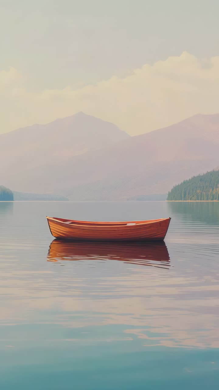 Vertical video: Drifting wooden rowboat on mountain lake, breeze nudging hull and forming ripples
