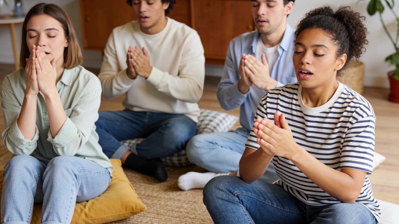 Starting chant right-front woman leading four adults through guided breathwork at home, cushions
