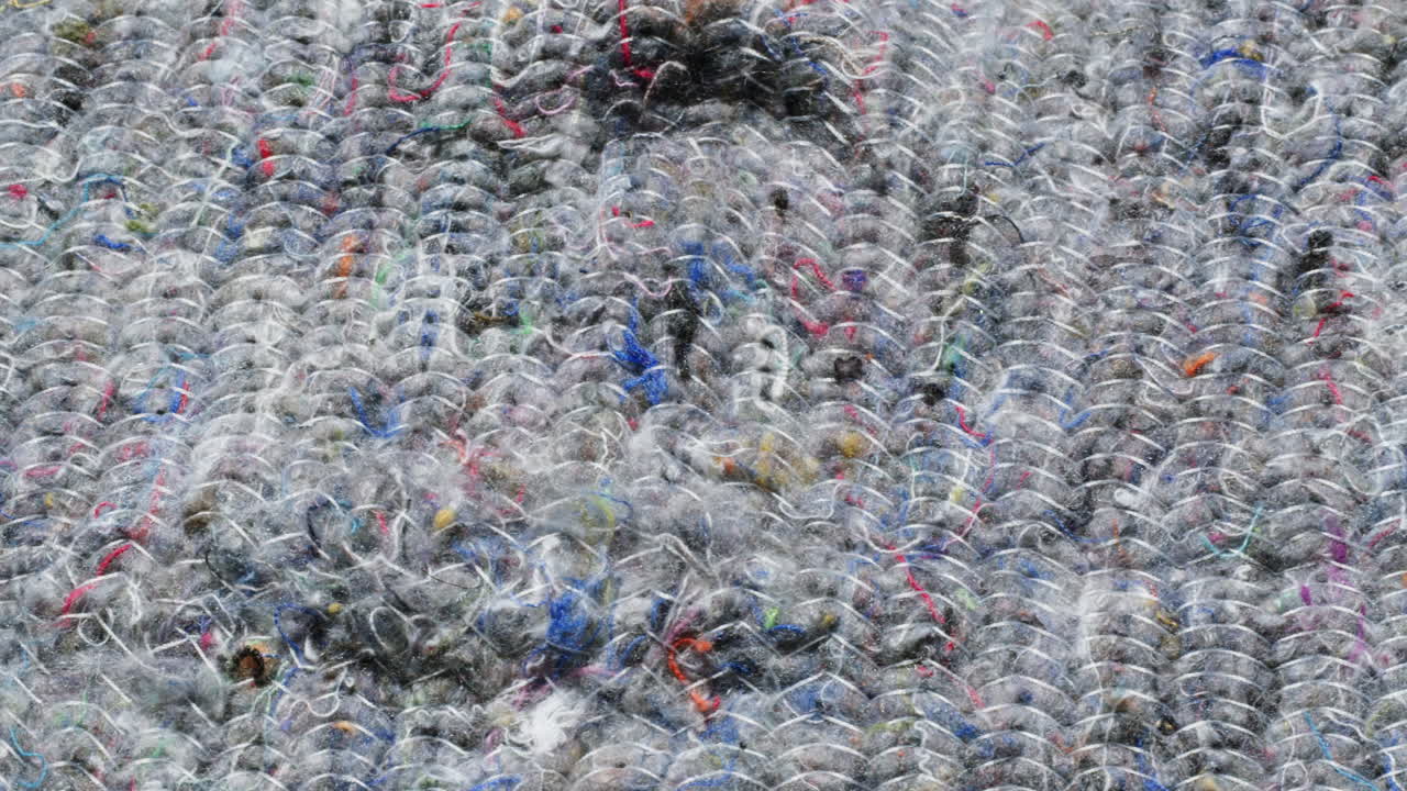 Close-up view of a textured fabric with varied gray, multicolored threads